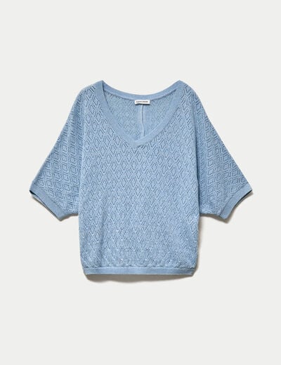 Pull ajour&eacute; col v manches courtes bleu ciel femme