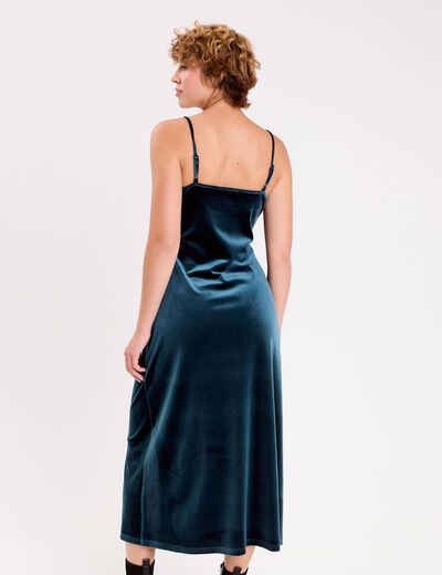 Robe longue en velours d&eacute;tails dentelle bleu canard femme
