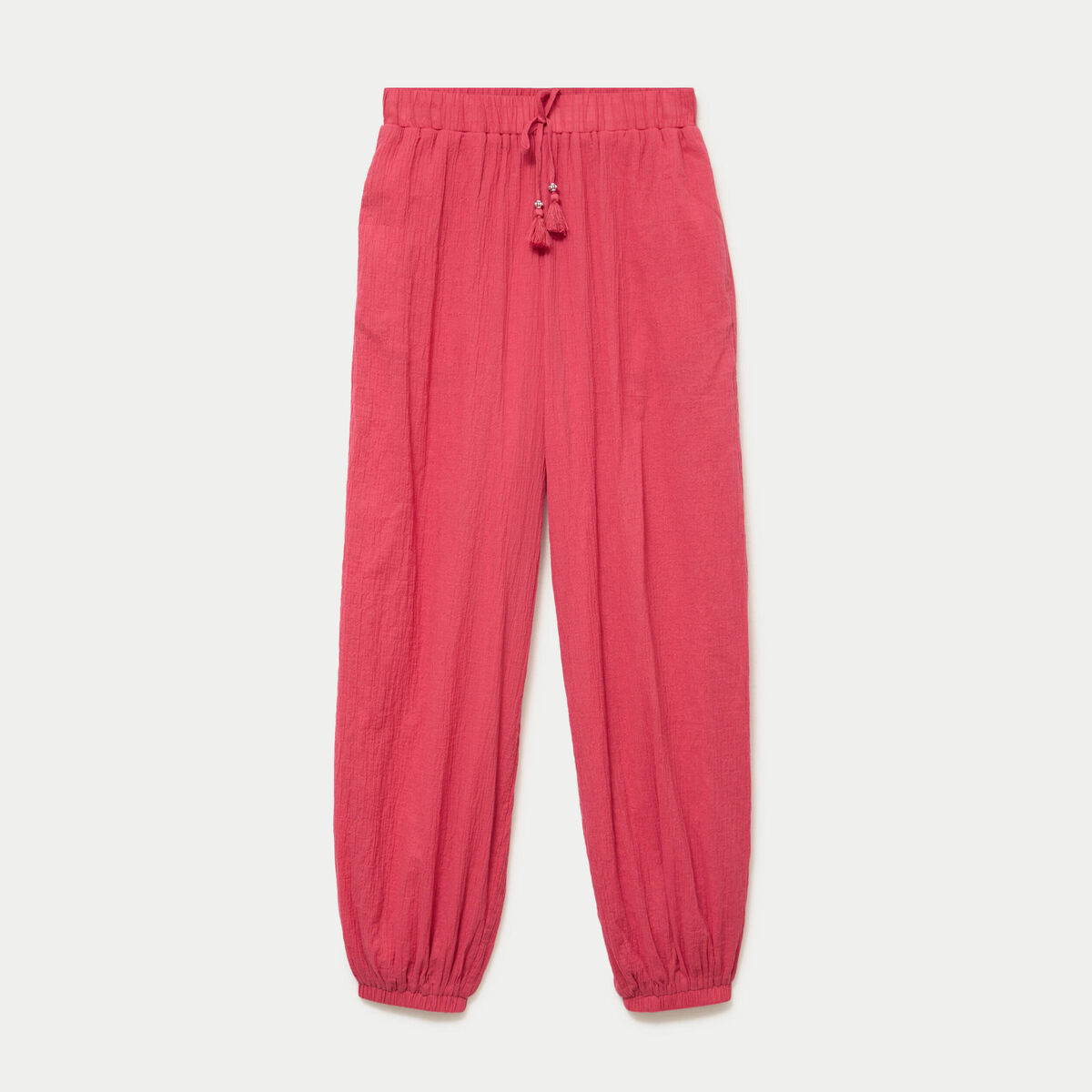 Pantalon large taille haute pliss&eacute; rose framboise femme