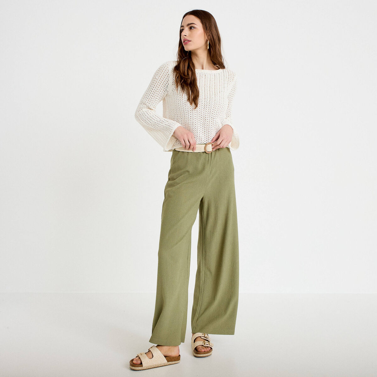 Pull ajour&eacute; manches longues dentelle ecru femme