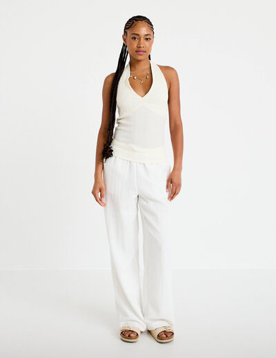 Top cintr&eacute; sans manches avec relief ecru femme
