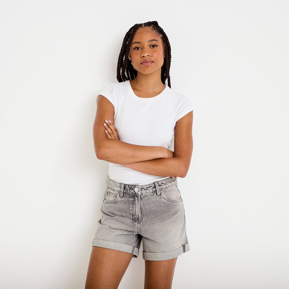 Short mom taille haute en jean denim gris femme
