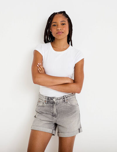 Short mom taille haute en jean denim gris femme