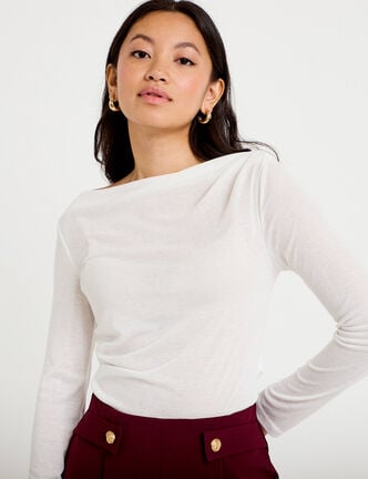 T-shirt col b&eacute;nitier manches longues ecru femme