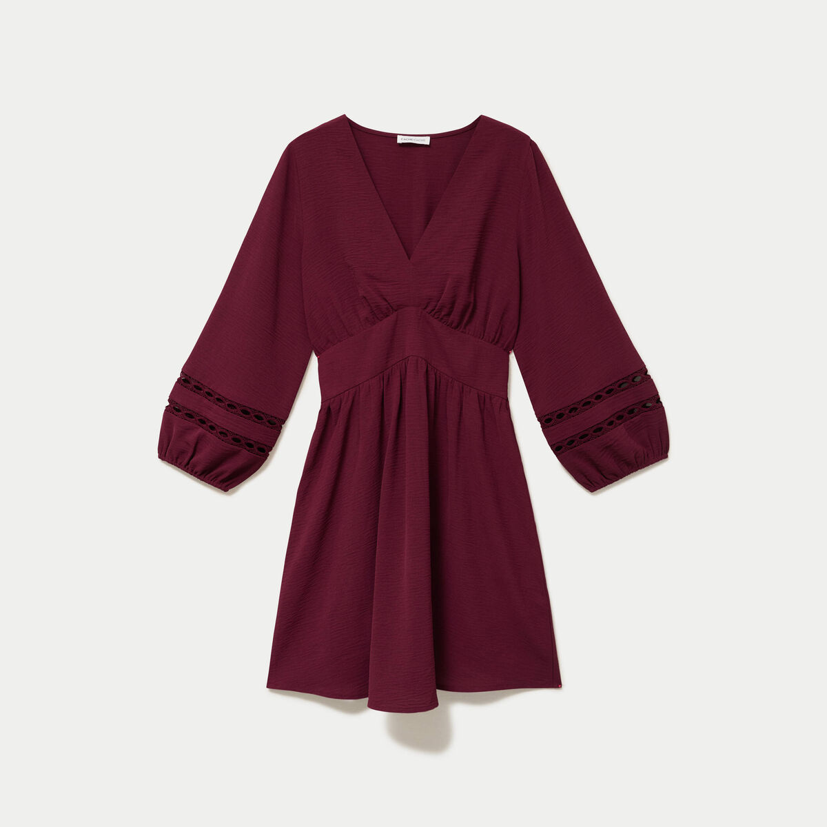 Robe courte &eacute;vas&eacute;e col v manches 3/4 bordeaux femme