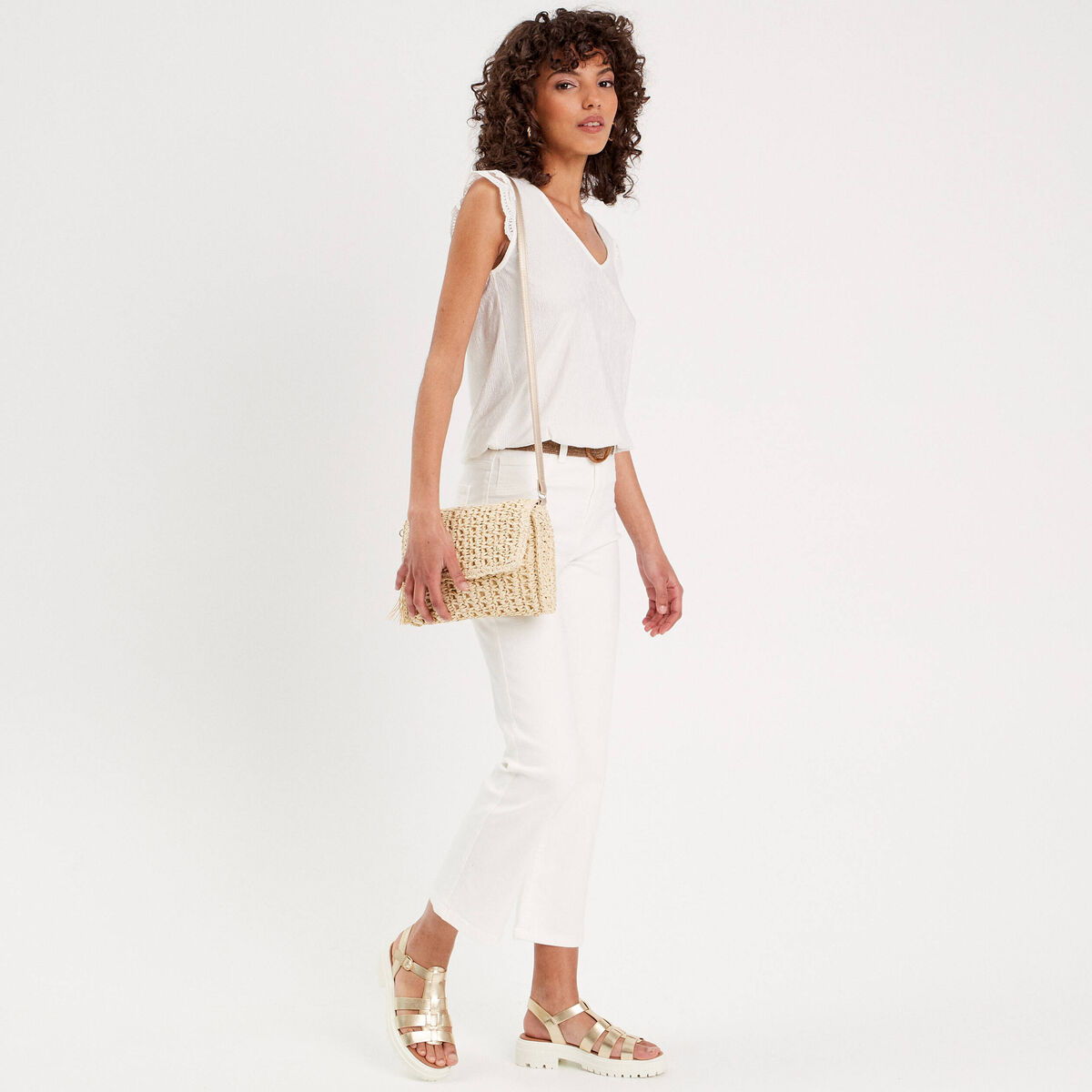 Blouse sans manches pliss&eacute;e ecru femme