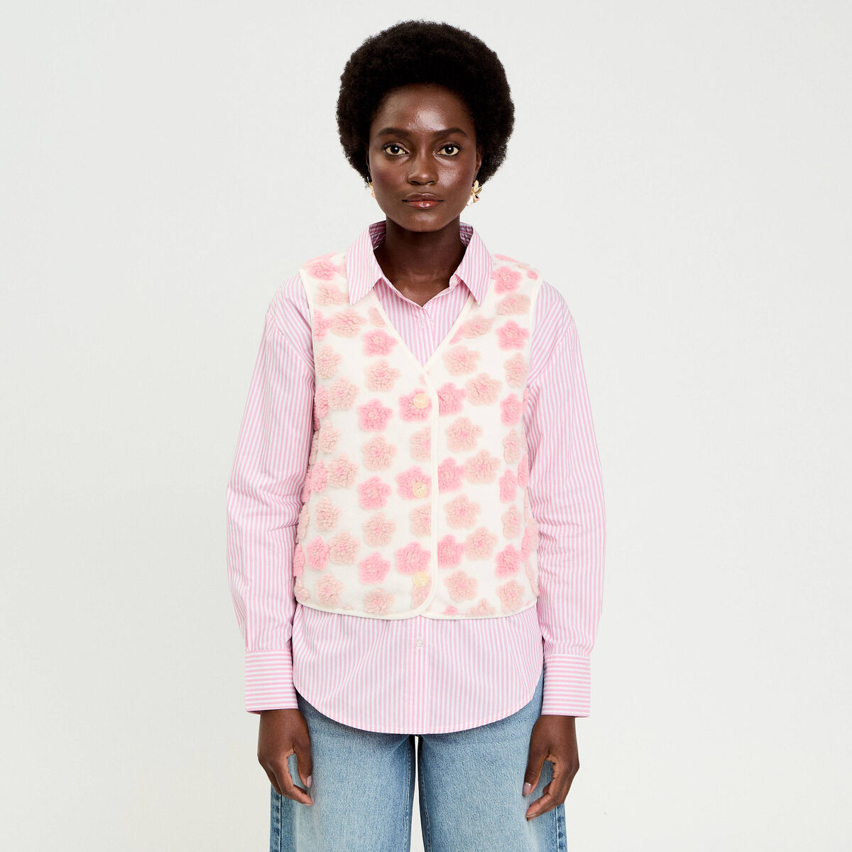Gilet sans manches &agrave; motif effet polaire ecru femme