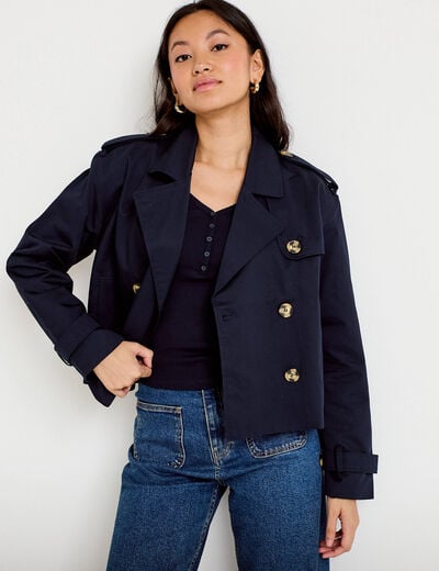 Trench droit court col tailleur bleu marine femme