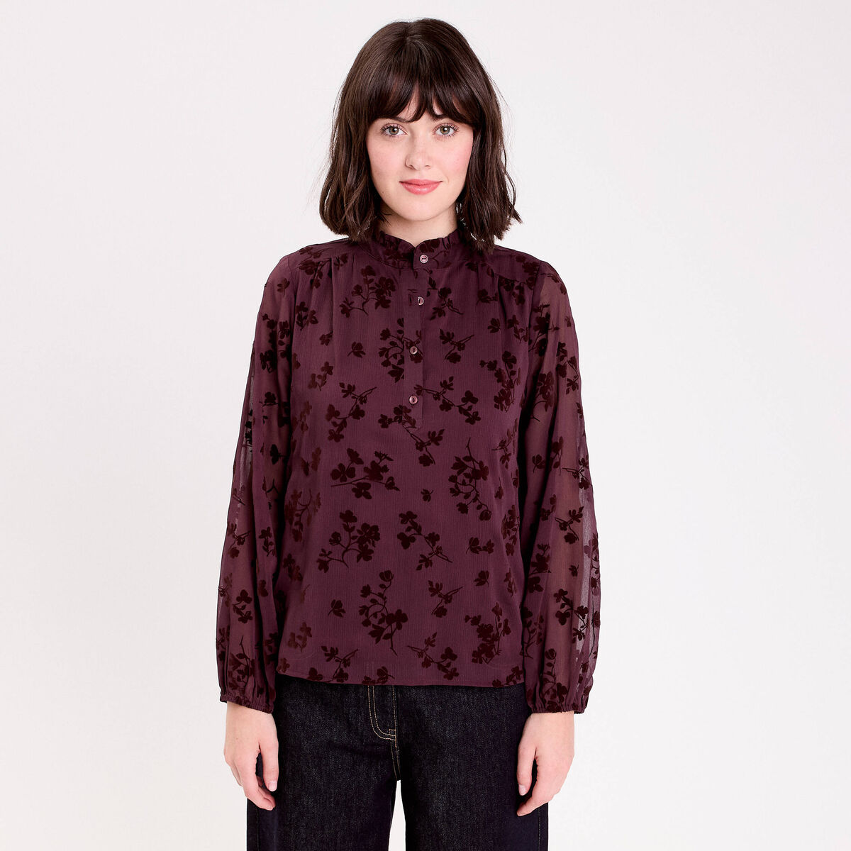 Blouse fluide manches longues marron cognac femme