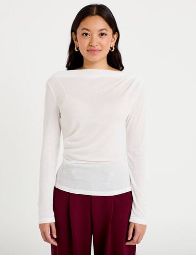 T-shirt col b&eacute;nitier manches longues ecru femme