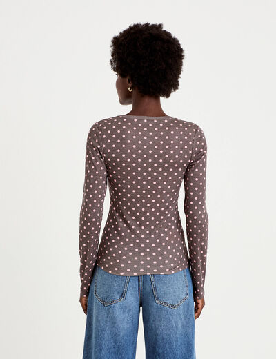 T-shirt ajust&eacute; col rond manches longues marron fonc&eacute; femme