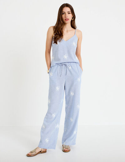 Pantalon large taille haute &agrave; relief blanc femme