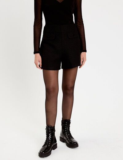 Short tweed taille haute noir femme