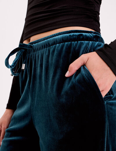 Pantalon large en velours bleu canard femme