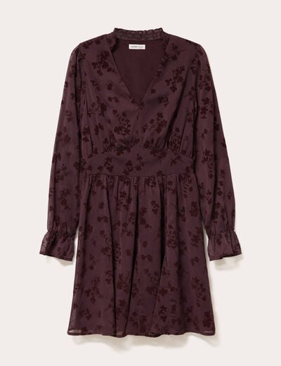 Robe courte &eacute;vas&eacute;e col v manches longues marron cognac femme