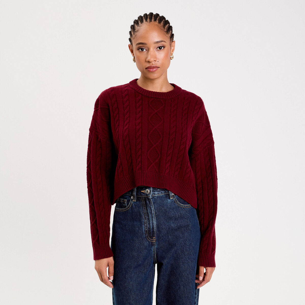 Pull avec torsades rouge fonc&eacute; femme
