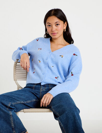 Gilet manches longues fleurs brod&eacute;es bleu ciel femme