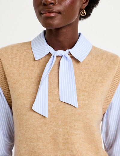 Pull fin 2-en-1 manches longues beige femme