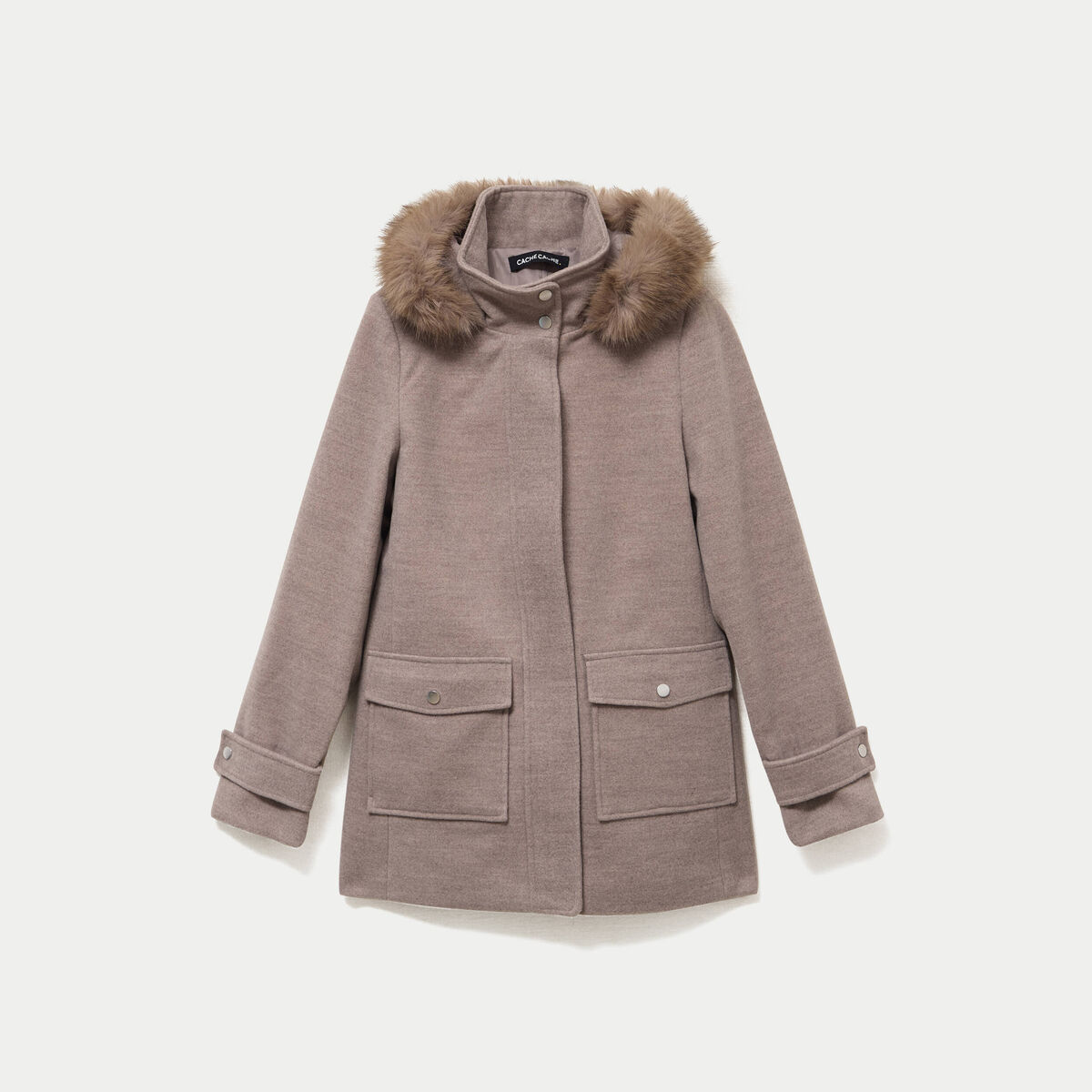 Manteau mi-long &agrave; capuche taupe femme