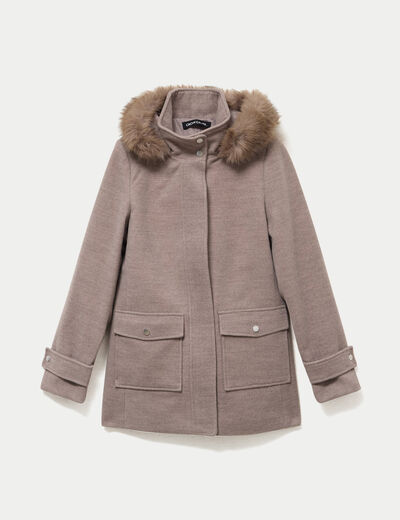 Manteau mi-long &agrave; capuche taupe femme