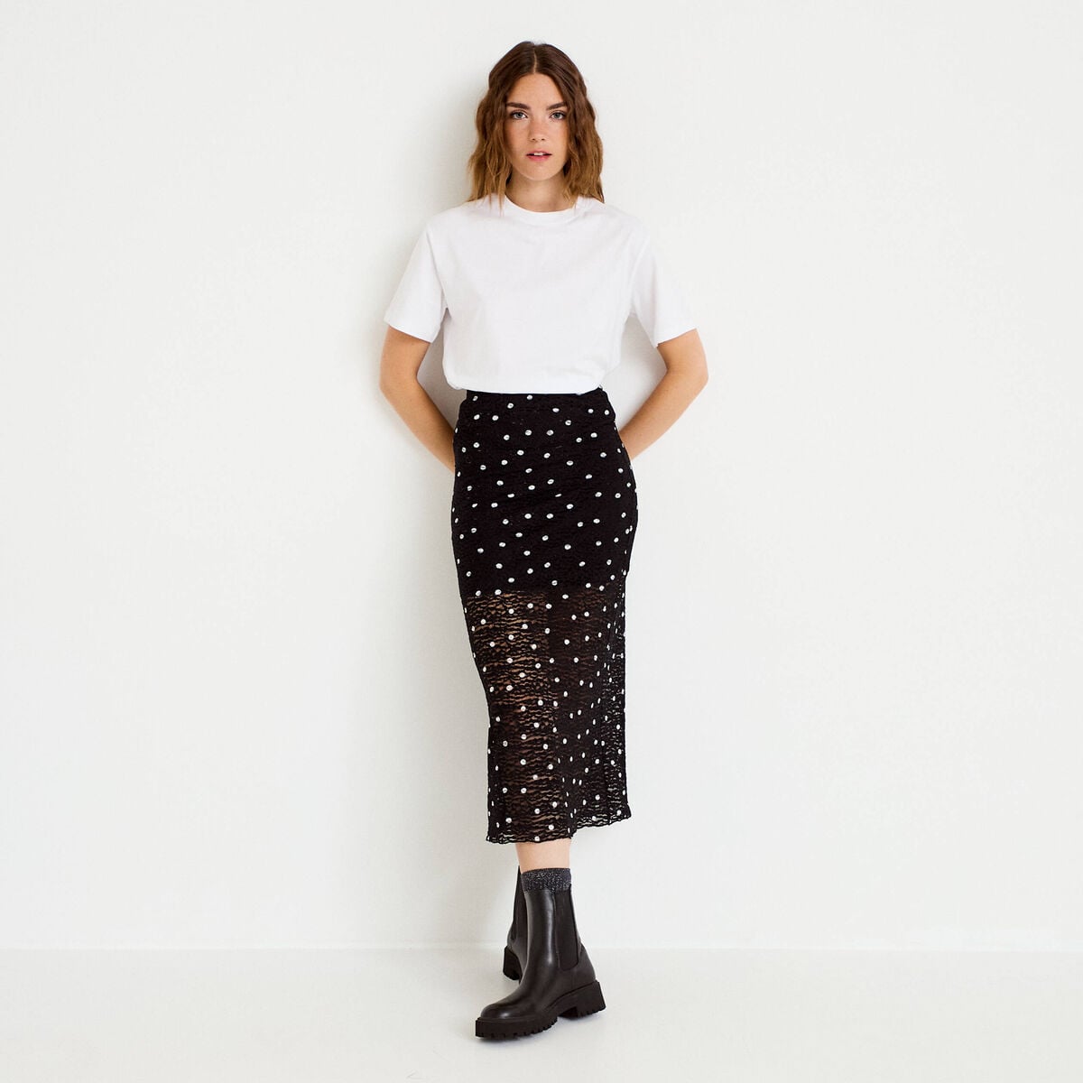 Jupe longue ajust&eacute;e en dentelle noir femme