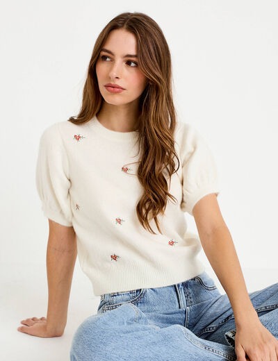 Pull col rond manches courtes brod&eacute; ecru femme