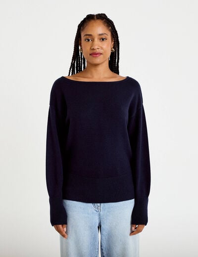 Pull oversize col bateau manches longues bleu marine femme