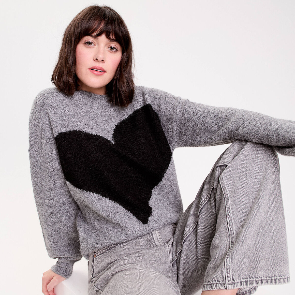 Pull col rond manches longues gris fonc&eacute; femme