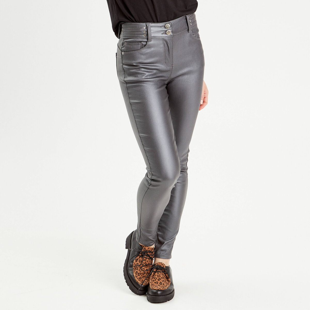 Pantalon skinny enduit gris fonc&eacute; femme