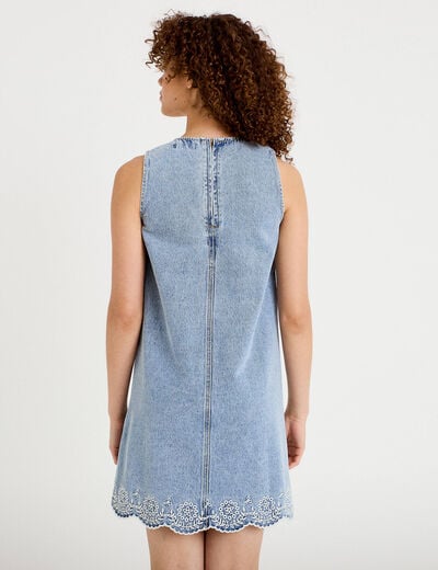 Robe courte &eacute;vas&eacute;e en jean sans manches denim bleach femme