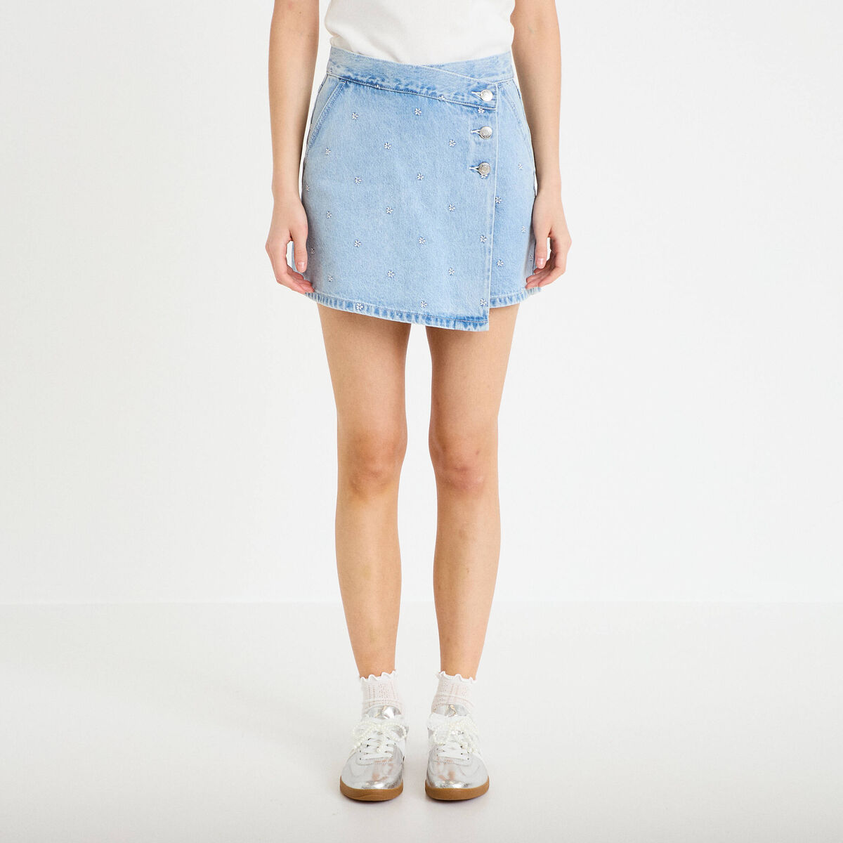 Jupe-short trap&egrave;ze courte taille haute bleu clair femme