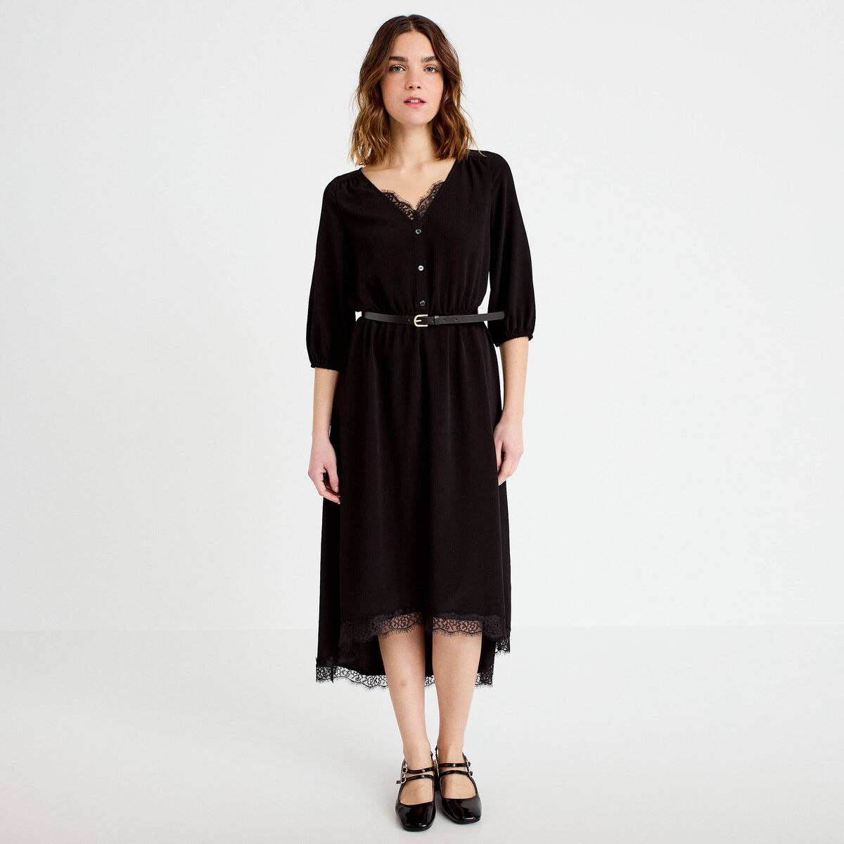 Robe longue &eacute;vas&eacute;e col v dentelle noir femme