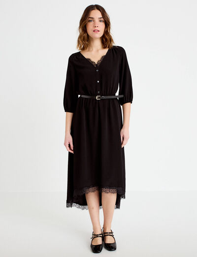 Robe longue &eacute;vas&eacute;e col v dentelle noir femme