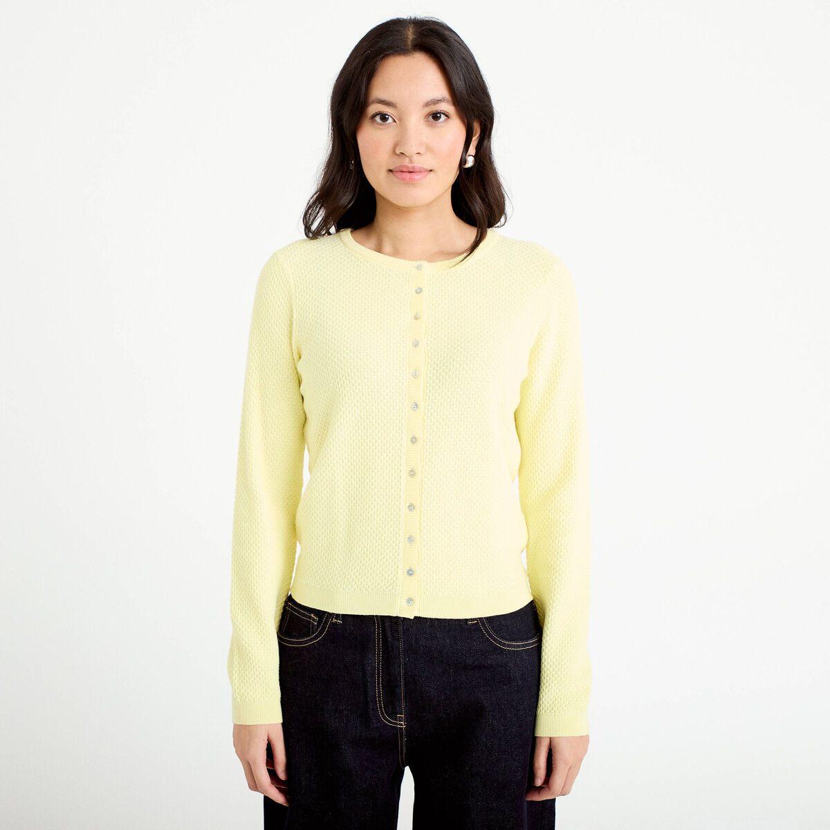 Gilet ajour&eacute; manches longues jaune clair femme
