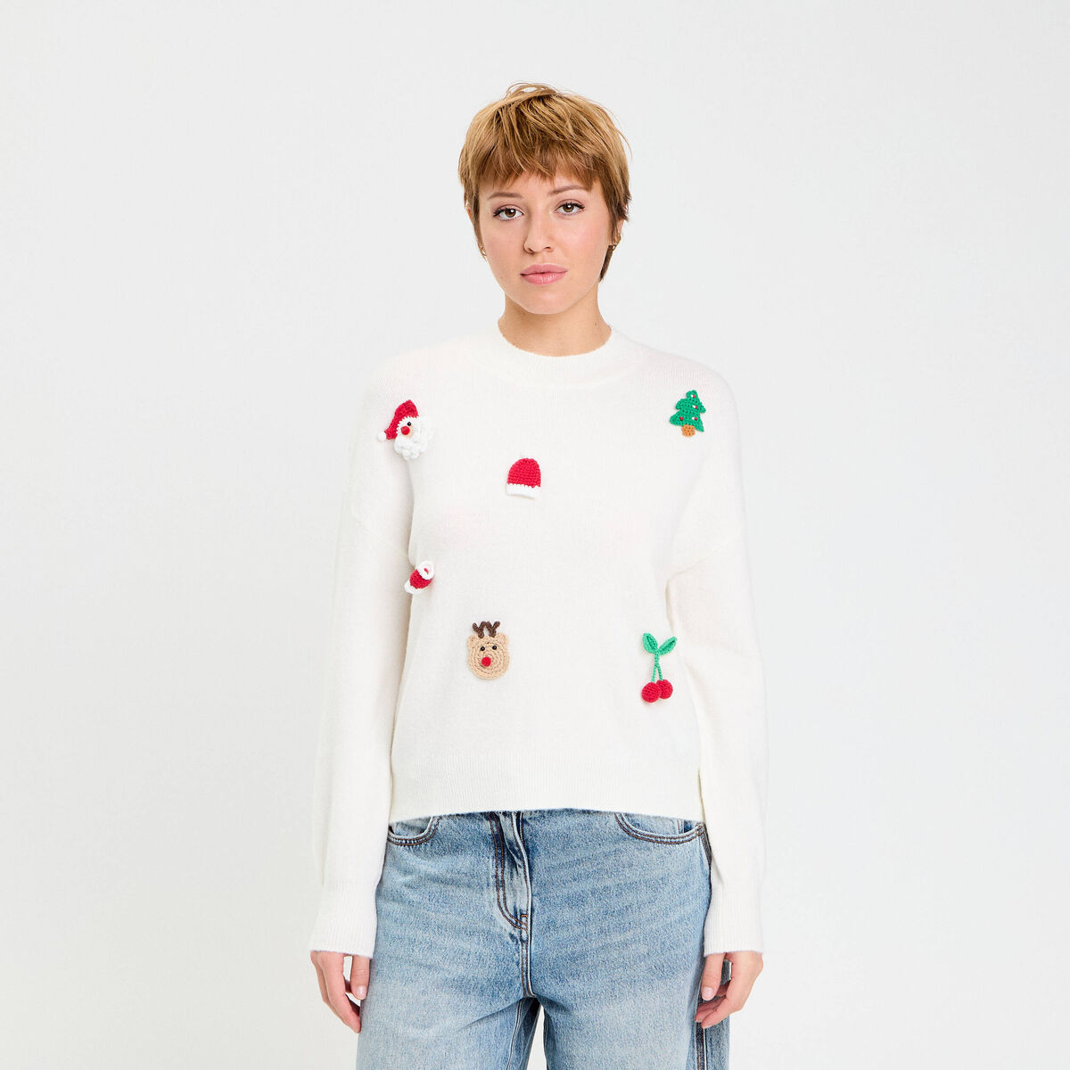 Pull de no&euml;l manches longues ecru femme