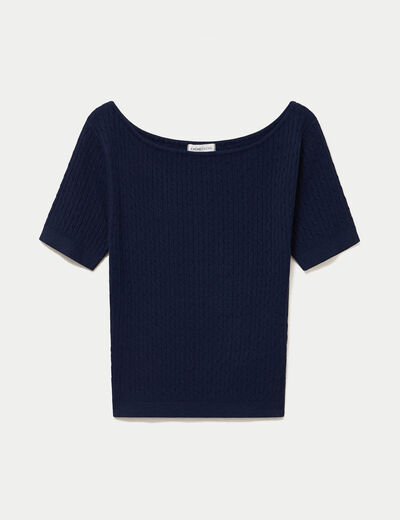 Pull ajust&eacute; court col bateau bleu marine femme