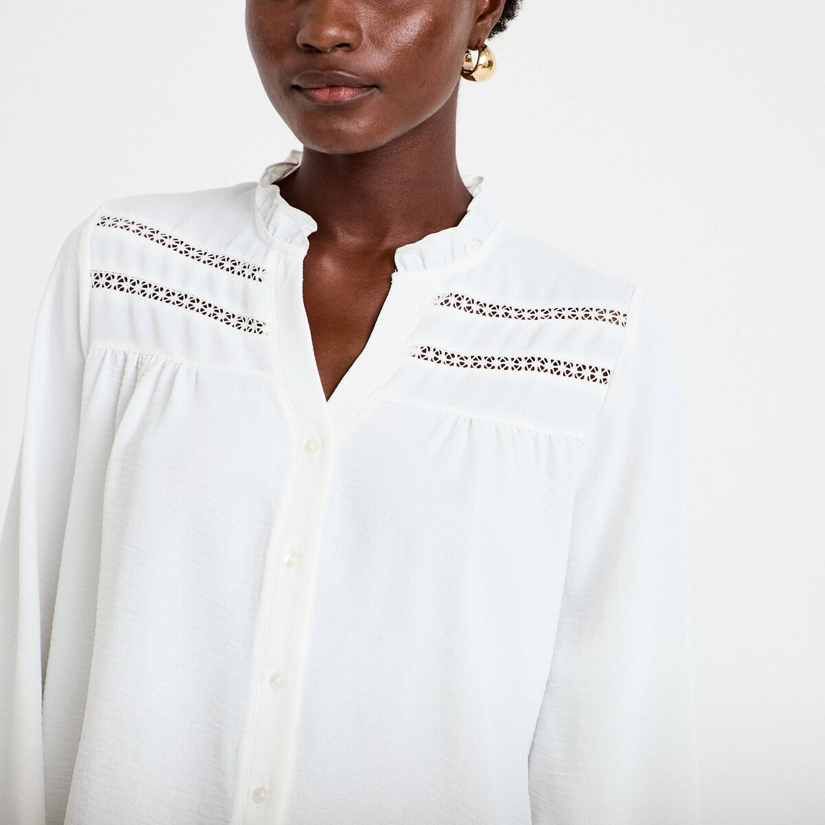 Blouse droite col mao manches longues ecru femme