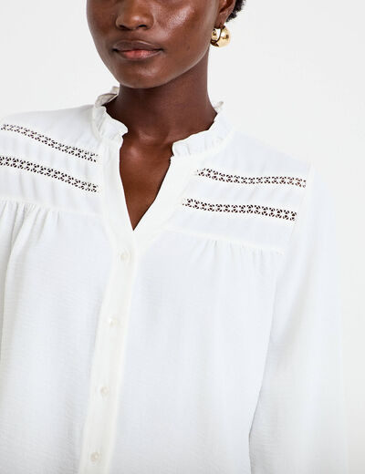 Blouse droite col mao manches longues ecru femme