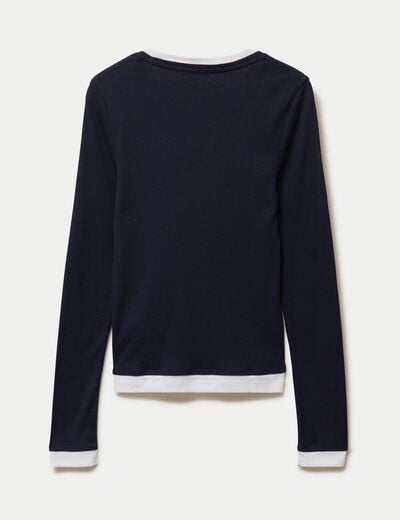 T-shirt 2-en-1 col rond manches longues bleu marine femme
