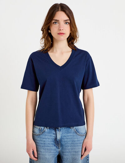 T-shirt col v manches courtes bleu fonc&eacute; femme