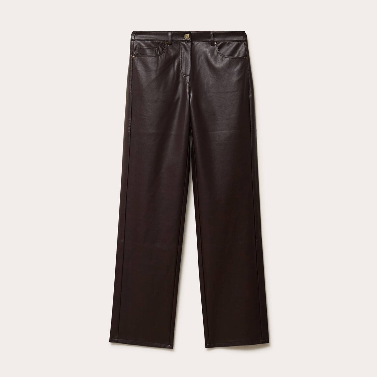 Pantalon droit similicuir marron fonc&eacute; femme
