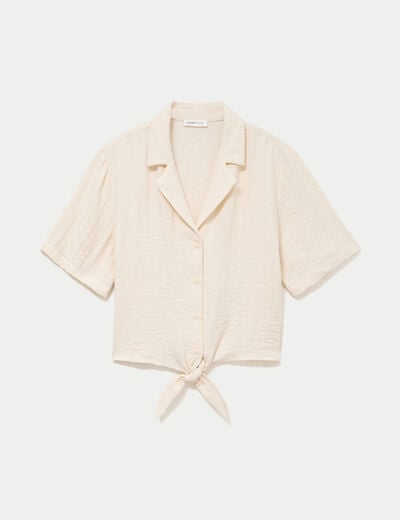 Chemise droite pliss&eacute;e manches courtes ecru femme