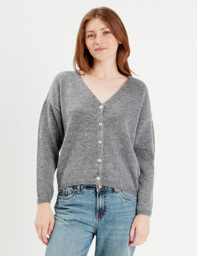 Gilet boutonn&eacute; avec col en V gris fonc&eacute; femme