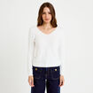 Pull col v manches longues perles ecru femme
