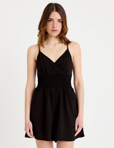Combishort large col v fines bretelles noir femme