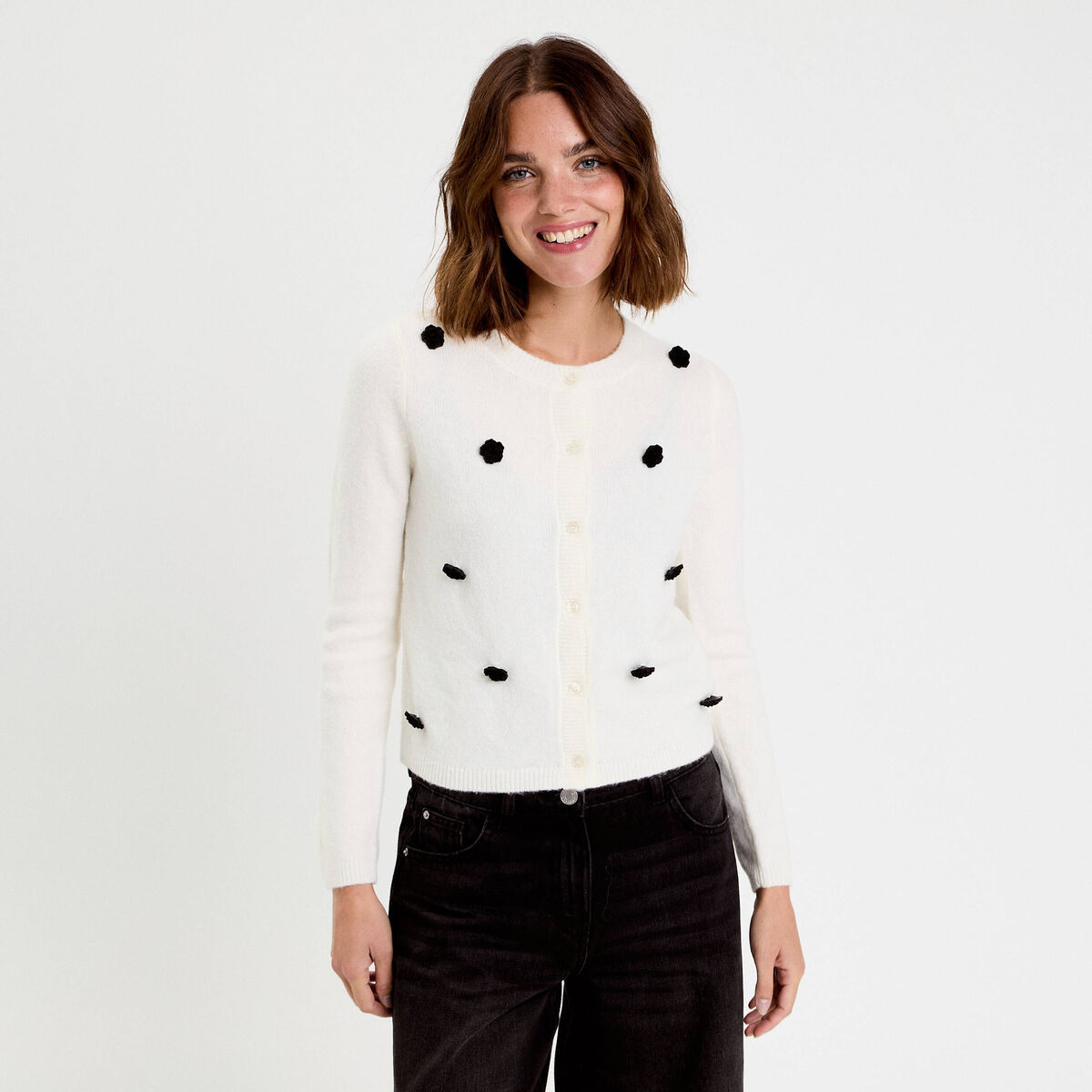 Gilet fleurs en relief ecru femme