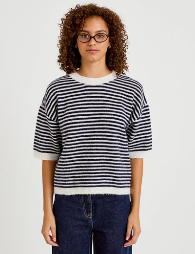 Pull ample duveteux manches courtes ecru femme