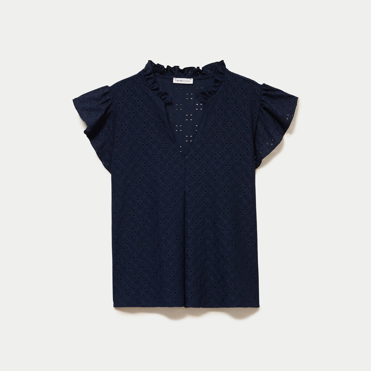 Blouse ajour&eacute;e col v manches courtes bleu marine femme