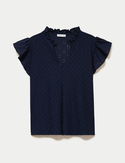 Blouse ajour&eacute;e col v manches courtes bleu marine femme