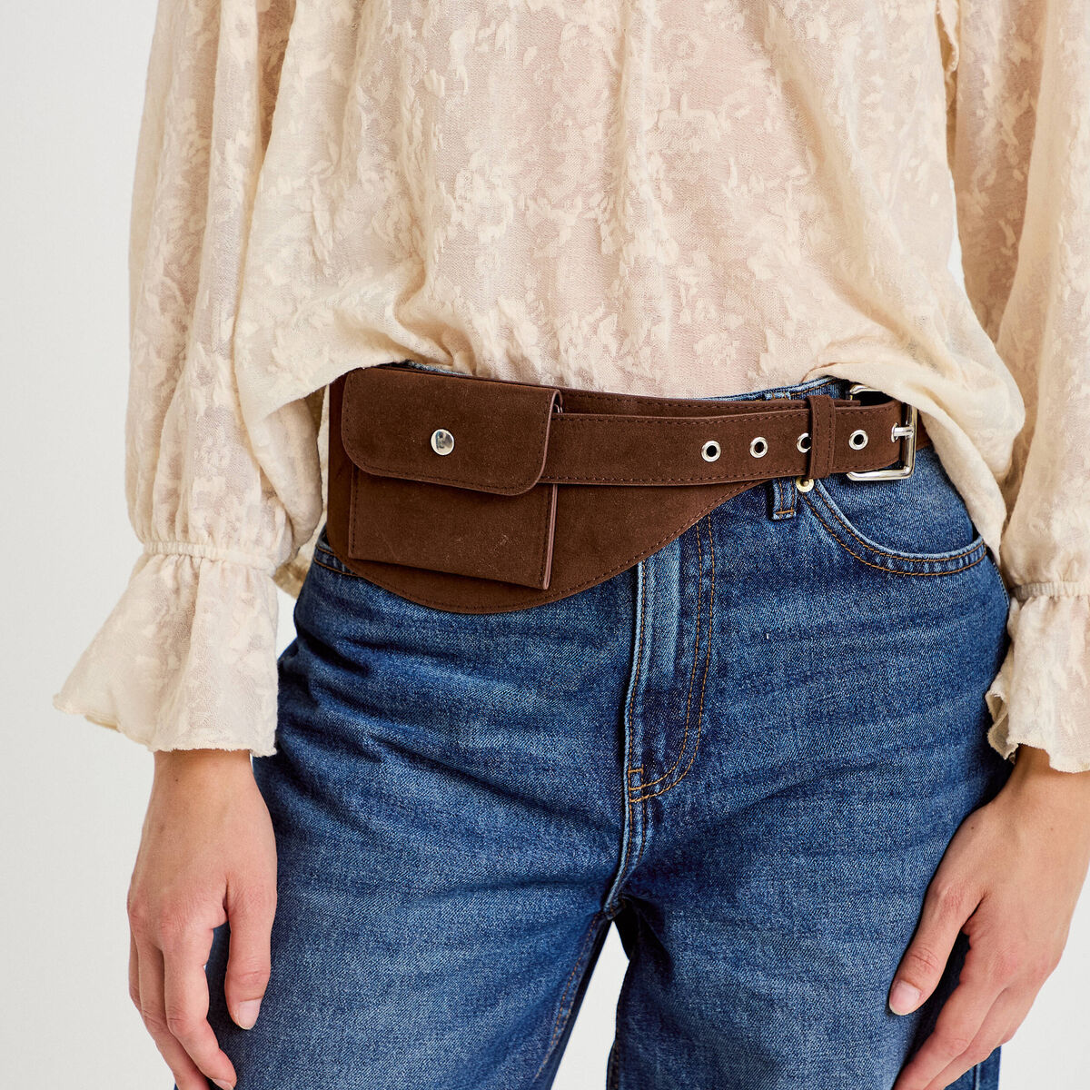 Ceinture large aspect daim marron fonc&eacute; femme